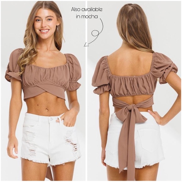 Bubble Crepe Tied Hem Puff Sleeve Crop Top - Picture 2 of 2
